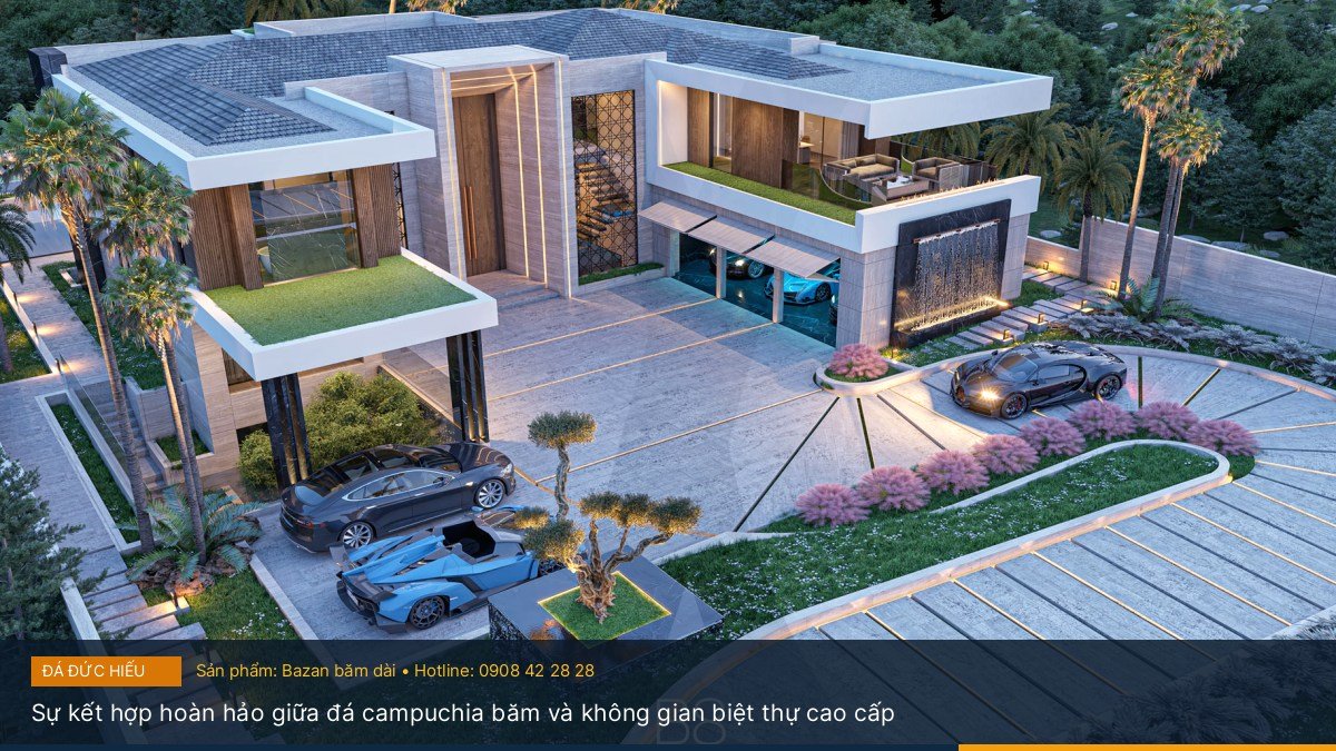 Sự kết hợp hoàn hảo giữa đá campuchia băm và không gian biệt thự cao cấp - Báo giá đá Bazan băm dài và đá campuchia băm mới nhất tại Đá sân vườn Đức Hiếu