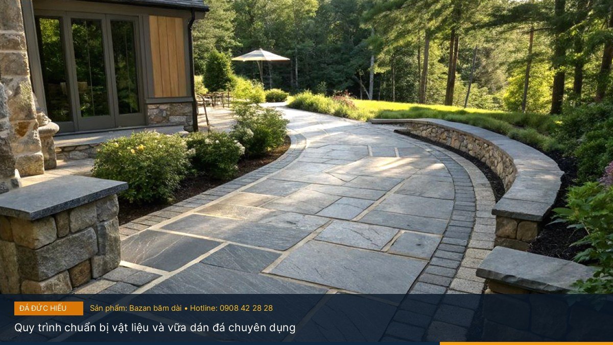 Quy trình chuẩn bị vật liệu và vữa dán đá chuyên dụng - Kỹ thuật thi công lát nền sân vườn bằng đá Bazan băm mặt chuẩn kỹ thuật chuyên gia
